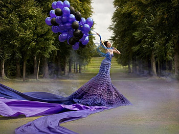 STUNNING DRESS, purple dress, ballons, woman, elegant, pretty, celebrate, nature, elegance, tastful, happy HD wallpaper