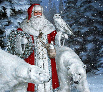 Forest Santa, artwork, bears, winter, painting, snow, trees, owl HD wallpaper