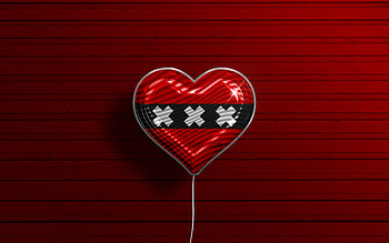 I Love Amsterdam, , realistic balloons, red wooden background, Day of Amsterdam, dutch cities, flag of Amsterdam, Netherlands, balloon with flag, Amsterdam flag, Amsterdam HD wallpaper