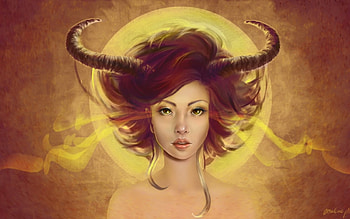 Demon girl, horns, fantasy, art, yellow, girl, orange, demon HD wallpaper
