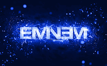 Eminem dark blue logo, , american rapper, dark blue neon lights, creative, dark blue abstract background, Marshall Bruce Mathers III, Eminem logo, music stars, Eminem HD wallpaper