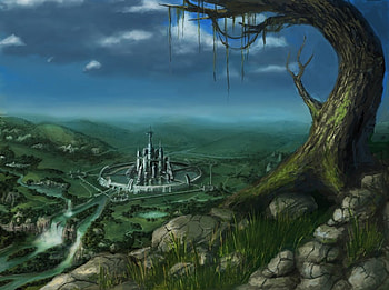 Waterfall Town, 3d, town, waterfall, sky, tree HD wallpaper