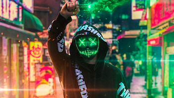 Neon Mask Guy With Green Smoke, artist, neon, mask, green, smoke HD wallpaper