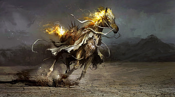 Glory, thedurrrrian, horse, black, art, conquest, spirit, fantasy, creature, fire HD wallpaper