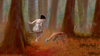 Tranquil, fantasy, deer, women, forest, dream HD wallpaper