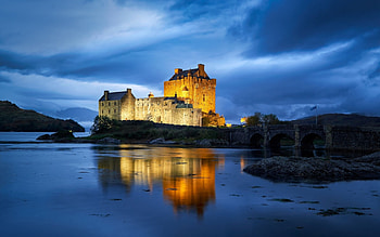 Eilean Donan Castle, Scotland, light, Eilean Donan-castle, clouds, bridge, evening HD wallpaper