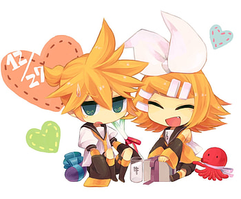 Len & Rin Kagamine, colorful, anime, len and rin kagamine, hearts, siblings, cute, vocaloid HD wallpaper