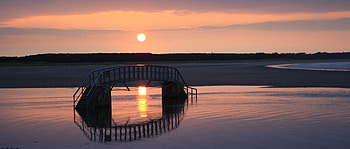 bridge to nowhere, bridge, water, sunset, beach HD wallpaper