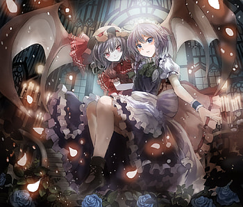 izayoi & sakuya, wings, scarlet ribbons, blue eyes, red eyes, gray hair, dress, rose, petals, flowers, hat, bow HD wallpaper