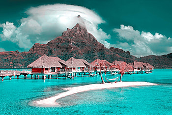 Mountains, resort, huts, beach, sea, summer HD wallpaper