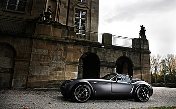 wiesmann mf5 at a mansion, cabriolet, black, car, driveway, mansion HD wallpaper