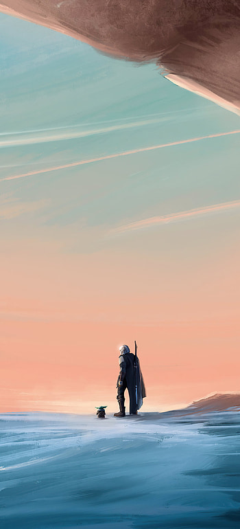 Baby Joda and Mandalor, sky, desert HD phone wallpaper