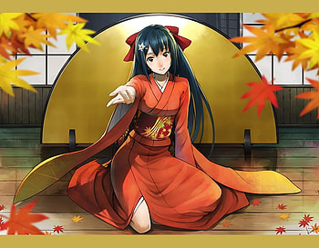 Come, Sit With Me, cute, peaceful, long hair, dress, beauty, nice, sitting, sexy, sweet, gorgeous, girl, kurojishi, beautiful, kneeling, black hair, hand, woman, charming, anime, fantasy, pretty, face, leafs HD wallpaper