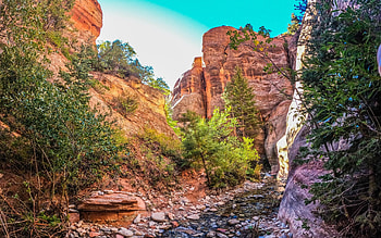 Kanarra Falls, Zion NP, Utah, mountains, rocks, river, trees, clouds, sky, usa HD wallpaper