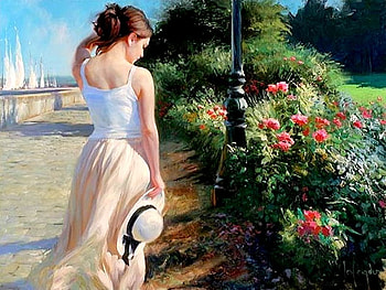 Garden Walk, garden, lady, morning, walk HD wallpaper