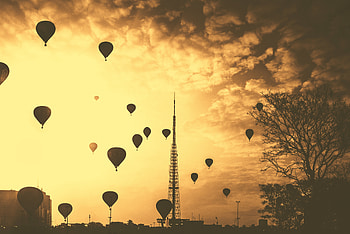 Hot Air Balloons Tower Orange Contrast Clouds , air-balloon, graphy, tower, clouds, orange HD wallpaper