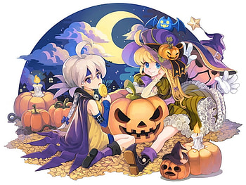 happy holloween, anime, moon, pumpkin, women, girl, female, witch HD wallpaper
