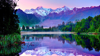 Snow Mountains, Beautiful, Snow, Trees, Lake, Reflection, Nature HD wallpaper