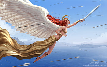 Athena, angel, redhead, girl, goddess, christos karpanos, wings, blue, art, fantasy HD wallpaper