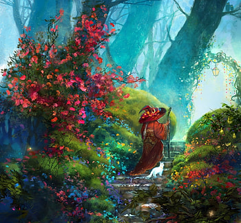 The magical garden, witch, hat, art, pazyniuk, garden, cat, pink, pisici, fantasy, green, red, flower, anndr HD wallpaper