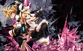 Len & Rin, ren, blue, crystals, blue eyes, len, vocaloid, kagamine, pink, anime, yellow hair, yellow, pink crystals HD wallpaper
