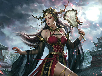Huifang, frumusete, girl, fan, hand fan, fantasy, anotherwanderer, legend of the cryptids, luminos HD wallpaper