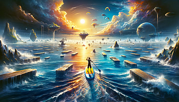 Epic Sci-Fi Paddle Boarding Adventure, paddle board, surrealism, fantasy, landscape, ocean, fantasy landscape HD wallpaper