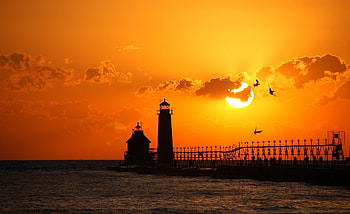 Nature, Birds, Sunset, Sun, Lighthouse, Disk, Tranquillity, Calmness HD wallpaper