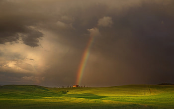 Rainbow, clouds, field, house HD wallpaper
