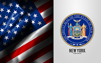 Seal of New York, USA Flag, New York emblem, New York coat of arms, New York badge, American flag, New York, USA HD wallpaper