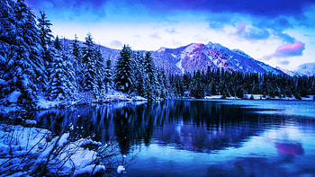 Gold Creek Pond, Washington State, Cascade Range, blue hour, snow, landscape, trees, mountains, water, usa, ice HD wallpaper