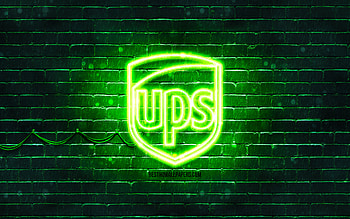 UPS green logo, , green brickwall, UPS logo, brands, UPS neon logo, UPS HD wallpaper