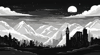 : Moonlit City & Mountain Silhouette, Illustration, Black & White HD wallpaper