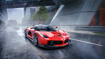 Ferrari Racing Through the Rain, ferrari, rain, cars, red HD wallpaper