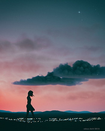 Art, Night, Clouds, Horizon, Silhouette, Girl HD phone wallpaper