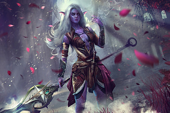 Kaldorei Warden, girl, elf, eddyshinjuku, pink, fantasy, wow, petals, game, luminos HD wallpaper