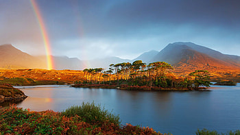 Pines Island, Connemara, Ireland, river, hills, rainbow, fall, colors, landscape, trees, sky, clouds HD wallpaper