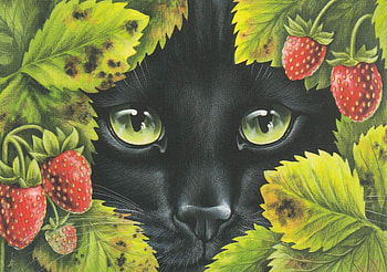 Hiding, black, strawberry, art, eyes, berry, cat, irina garmashova, pisici, painting, pictura, green, red, fruit HD wallpaper