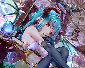 Miku demon, blue, horns, hatsune miku, xuanlin jingshuang, red eyes, girl, vocaloid, demon, anime, luminos, manga HD wallpaper