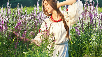 *, flowers, field, smile, beauty HD wallpaper