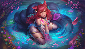 Ahri, girl, lol, fox, nine tails, karolina jedrzejak, blue, view from the top, pink, fantasy, water HD wallpaper