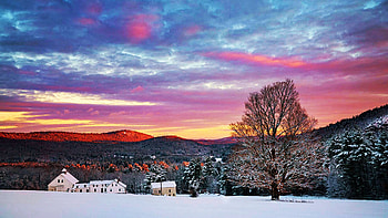 Winter Takes Over, sky, sunset, hills, house, landscape, colors, snow, clouds, trees HD wallpaper