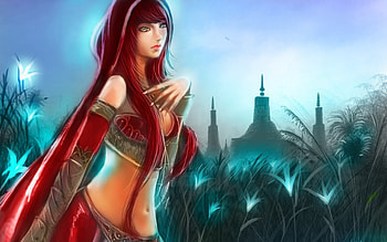 Fantasy girl, blue, fantasy, red, game, redhead, girl, woman, beauty HD wallpaper