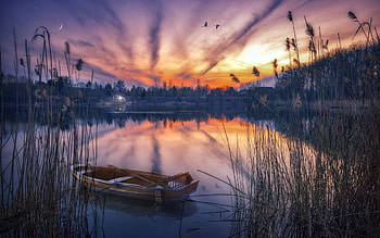 Lake Sunset, boat, moon, clouds, colors, sky, water, cabin HD wallpaper