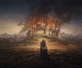 Castle in fire, horse, art, fantasy, dragon, knight, fire, castle, ary, justin gerard HD wallpaper