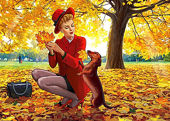 Autumn in the Park, autumn, dog, woman, tree, leaves HD wallpaper