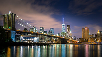 carousel under brooklyn bridge, night, river, city, lights, bridge, carousel HD wallpaper