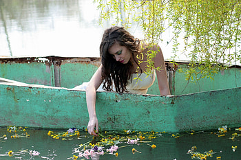 Drifting In Her Thoughts, boat, leaves, girl, water HD wallpaper