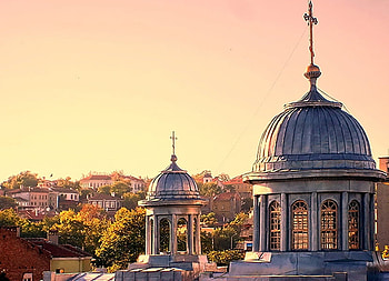 Plovdiv town, architecture, graphy, town, beautiful, church, houses, religious, bulgaria, trees, sky, christian, , sunset HD wallpaper