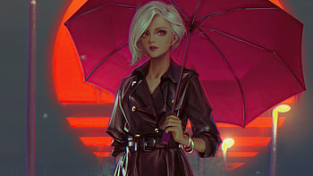 Pretty woman with umbrella, blonde, art HD wallpaper
